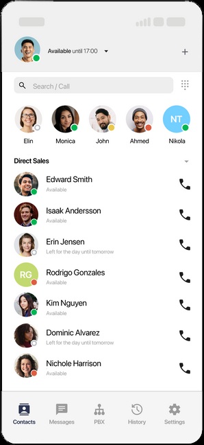 Flow product screenshot — mobile contacts and colleague availability