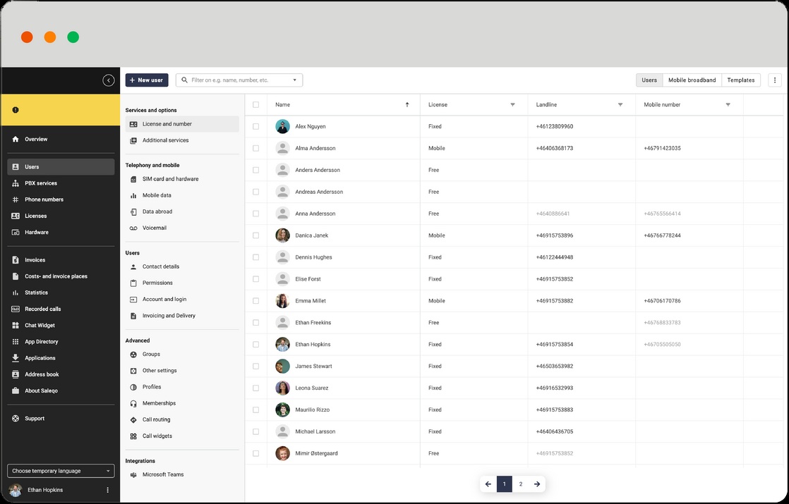 Flow product screenshot — user and number administration