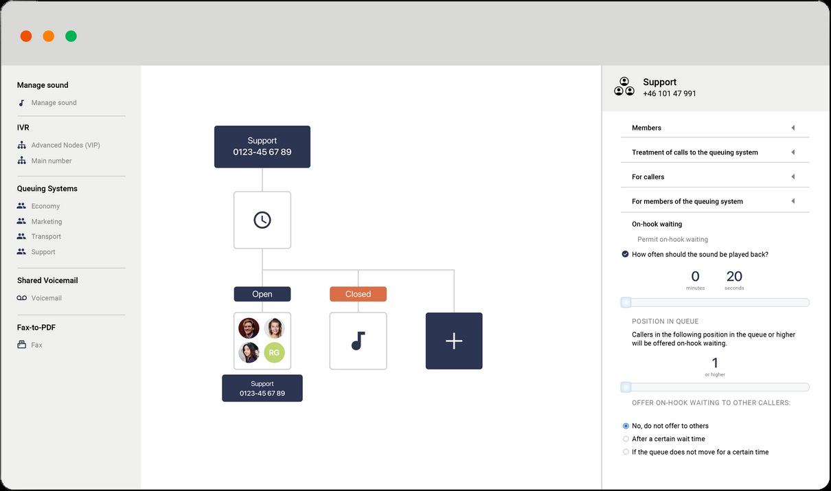 Flow product screenshot — opening-hours call routing, queues and IVR settings